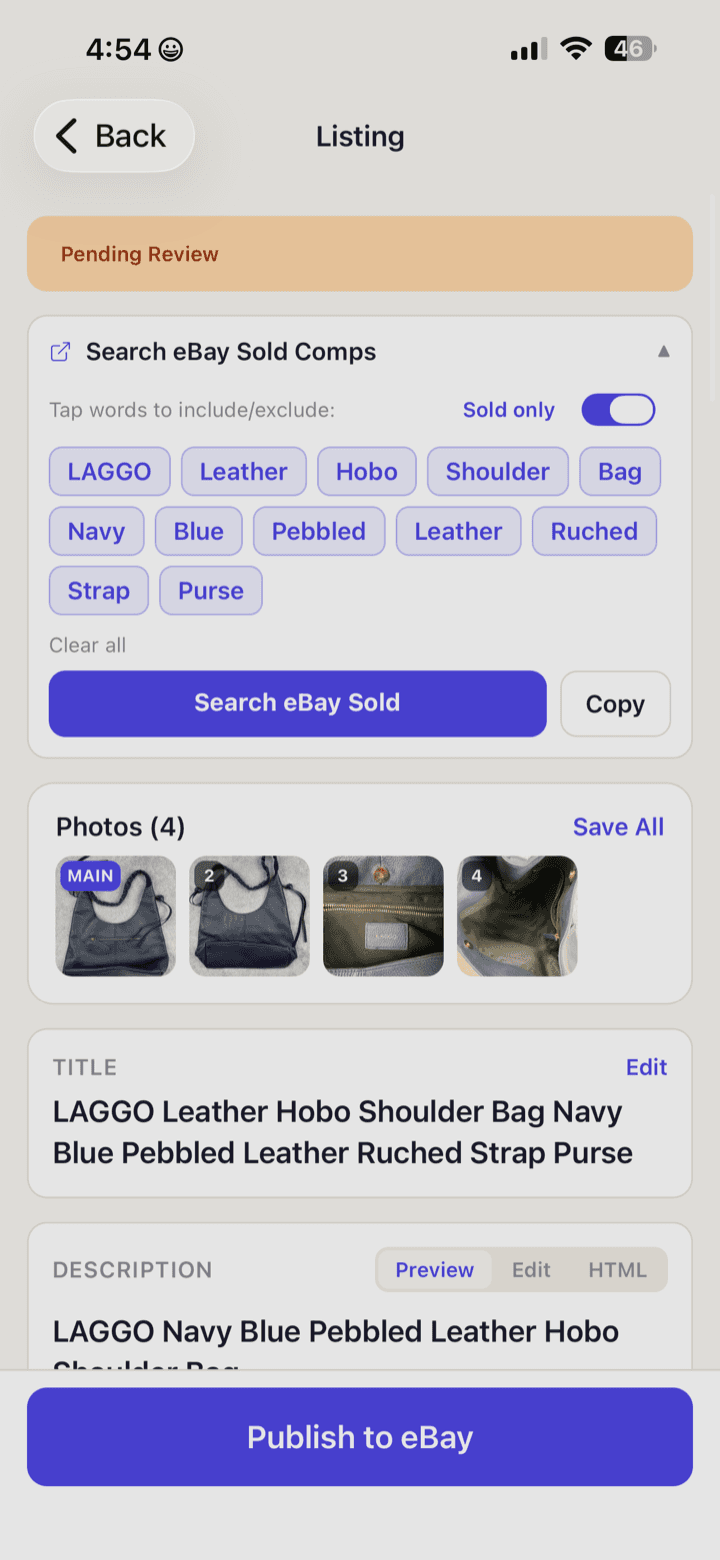 Aplicación Vendlists con un anuncio de eBay generado automáticamente